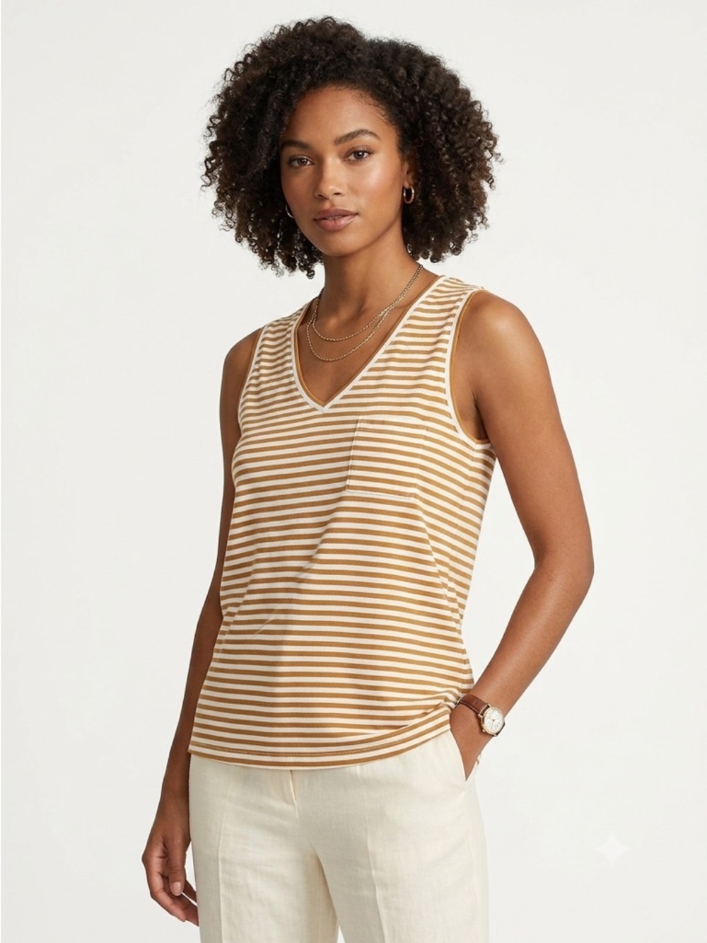 Garnet Hill Organic Pima Cotton Striped V-Neck Pocket Tank Top L
